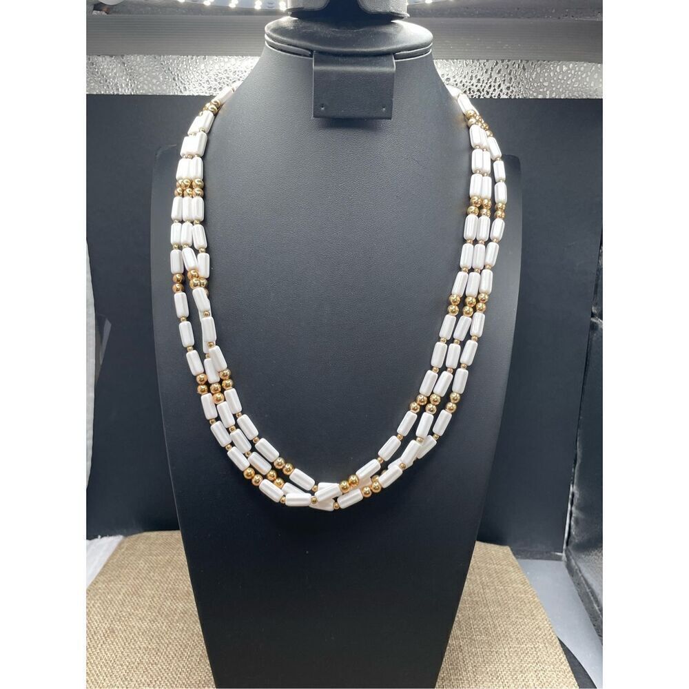 Vintage Trifari Necklace Multi Strand White Gold Plastic Beaded Costume Grandma